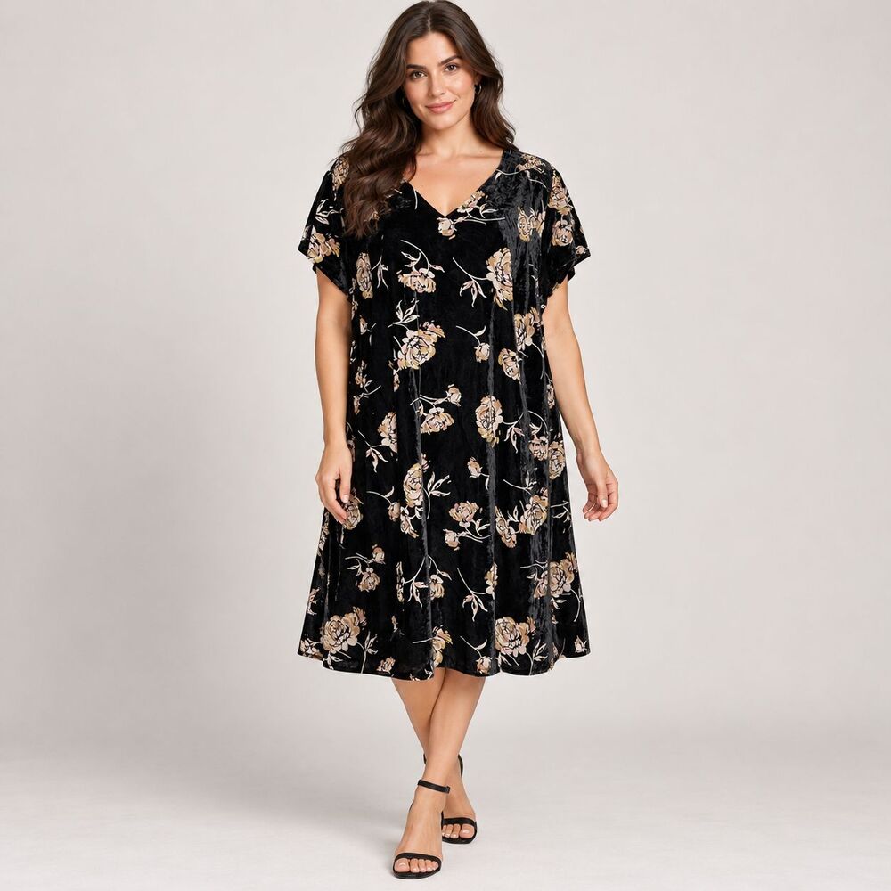 J.Jill Pure Jill Elements Dress 2X Black Velvet Floral Burnout Midi Shift